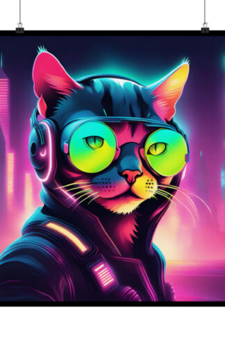 "Vibrant neon cat Matte Poster: retro gaming vibes meet psychedelic art. Pixel cat in cosmic world, glowing under blacklight. Trippy fun for all!"