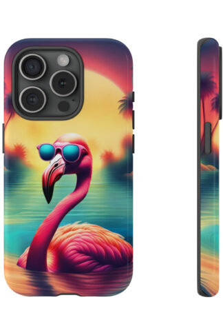 Cool Pink Flamingo wearing Sunglasses bathing in the Sunset Rugged Phone Case - Tropical Bird Design, Durable Protection - Shop Now!"
