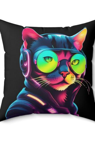 Vibrant neon cat Accent Pillow: Retro gaming vibes meet psychedelic art. Pixel cat in cosmic world, glowing under blacklight. Trippy fun for all!"