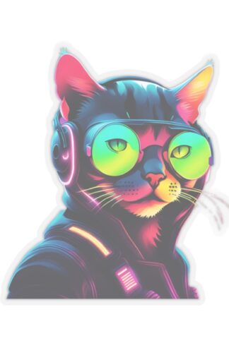 "Vibrant neon cat sticker: retro gaming vibes meet psychedelic art. Pixel cat in cosmic world, glowing under blacklight. Trippy fun for all!"