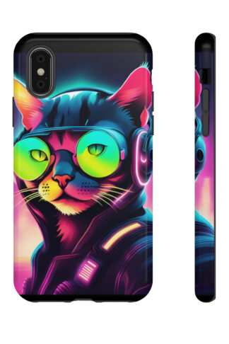 "Vibrant neon cat Durable Phone Case: retro gaming vibes meet psychedelic art. Pixel cat in cosmic world, glowing under blacklight. Trippy fun for all!"