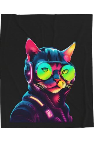 "Vibrant neon cat Velveteen Plush Blanket: retro gaming vibes meet psychedelic art. Pixel cat in cosmic world, glowing under blacklight. Trippy fun for all!"