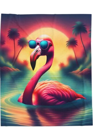 Pink Flamingo Sunset Sunglasses Velveteen Plush Blanket - Tropical Bird Design!