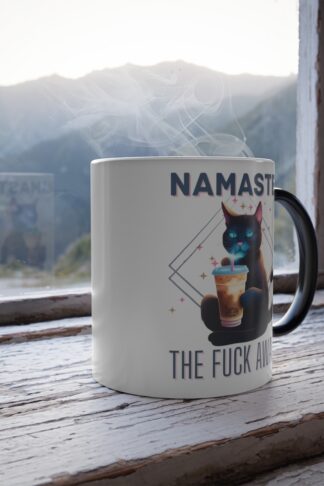 Namaste Cat Coffee Color Changing Mug: Sarcastic and Witty message reveled when beverage is Hot!! Cat Loving Gift, Boss Gift