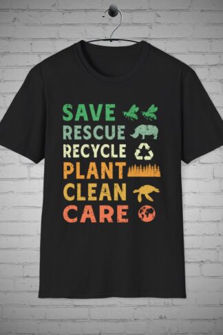 Recycled t-shirt, Earth Day shirt, Eco-friendly Upcycled apparel, Environmentalist Gift, Save Rescue Recycle Plant Clean Care tee