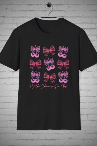 Coquette Girly Pink Bows and Cherry T-shirt, Feminine fashion, Cute girl's shirt, Playful Sweet tee, Trendy girly Gift