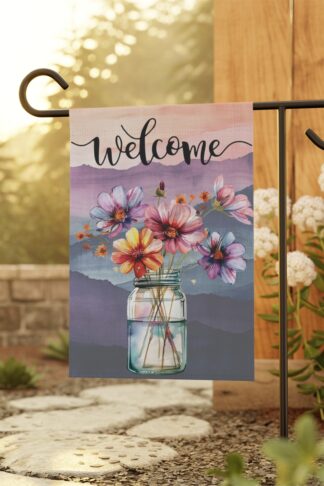 Welcome Flowers in Vase Flag, Family Garden & House Banner Flag,  Porch Flag, Camp Site Sign, Garden Lovers Gift