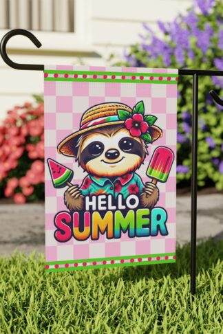 Hello Summer SLOTH Flag, Family Garden & House Banner Flag,  Porch Flag, Camp Site Sign, Garden Lovers Gift