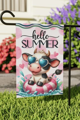 Hello Summer COW Flag, Family Garden & House Banner Flag,  Porch Flag, Camp Site Sign, Garden Lovers Gift
