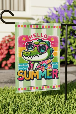 Hello Summer Alligator Flag, Family Garden & House Banner Flag,  Porch Flag, Camp Site Sign, Garden Lovers Gift