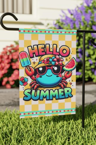 Hello Summer CRAB Flag, Family Garden & House Banner Flag,  Porch Flag, Camp Site Sign, Garden Lovers Gift