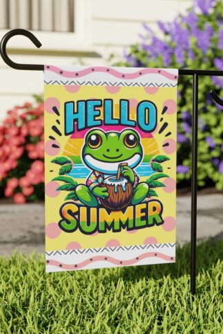 Hello Summer FROG Flag, Family Garden & House Banner Flag,  Porch Flag, Camp Site Sign, Garden Lovers Gift