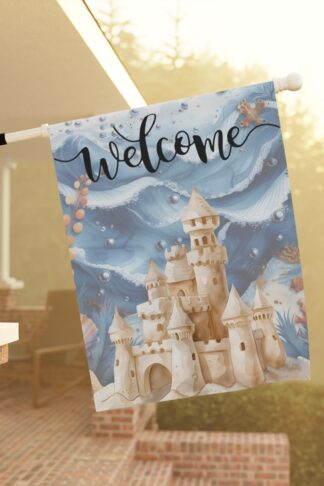 Welcome Sand Castle Flag, Family Garden & House Banner Flag,  Porch Flag, Camp Site Sign, Garden Lovers Gift