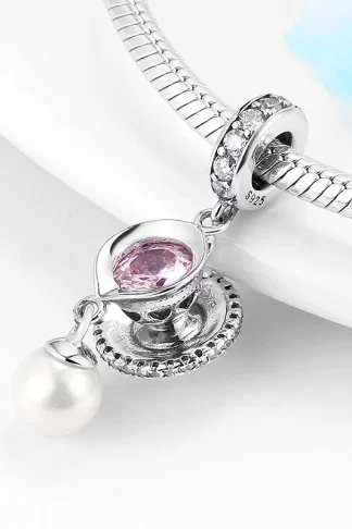 Real 925 sterling silver Pink CZ cup & Pearl Fine Pendant Beads Charms for Bracelets women jewelry Wholesale