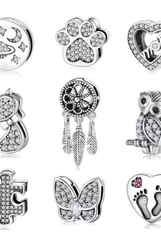 Real 925 sterling silver Clear CZ Crystal Cat Paw Print Clip Charm Beads Fit Reflection Bracelet Accessories Wholesale jewelry