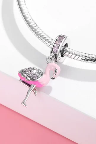 Real 925 sterling silver Elegent Flamingo Enamel pink with clear zircon fine Pendant Charms for Bracelets jewelry custom logo