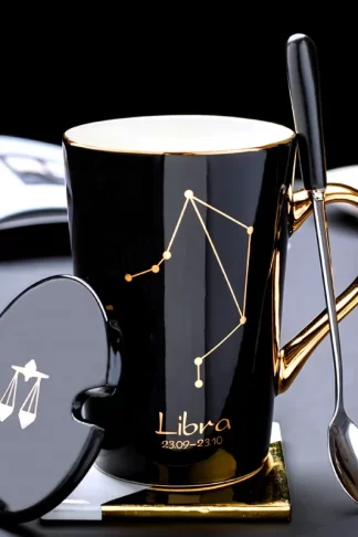Luxury White Black 12 Constellations Gold Pattern Ceramic Coffee Mug With Lid Spoon And Gold Handle For Souvenir