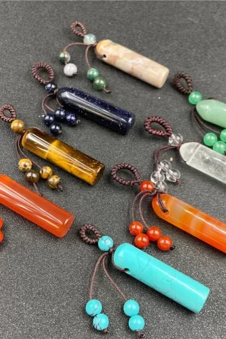Natural Crystal Cylinder Pendant Keychain Good LuckyCube Gemstone Woven Friendship Charms for women Men Bags