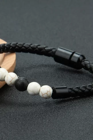 Fashion Elegant Black Lava Tiger Eye Bead Leather Bracelet Men