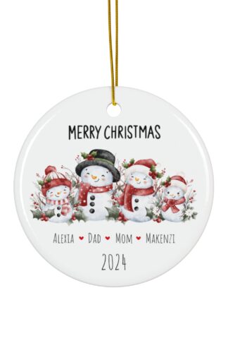 Family of Four - Snowman Personalized Christmas Ornament, Beautiful Ceramic Ornament, Custom Family Names Ornament, Customize it Ornament