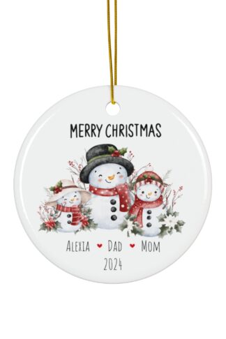 Family of Three - Snowman Personalized Christmas Ornament, Beautiful Ceramic Ornament, Custom Family Names Ornament, Customize it Ornament